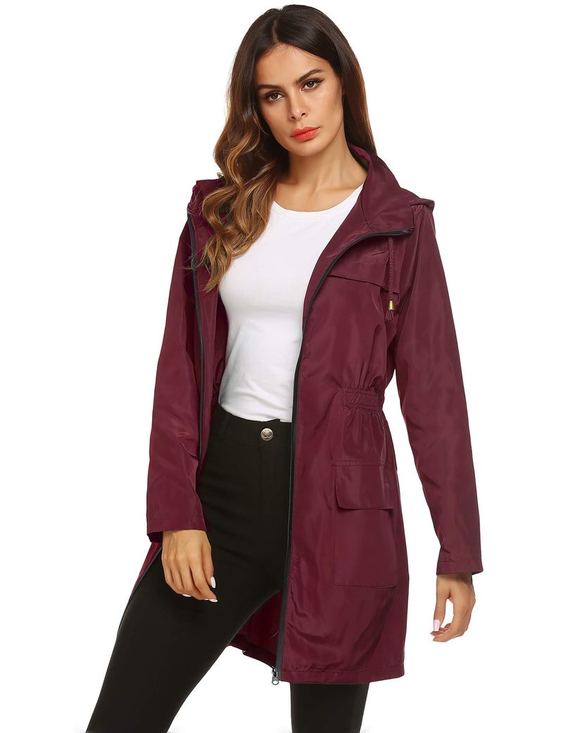LOMON Women Waterproof Lightweight Rain Jacket Active Outdoor Hooded Raincoat (M, wine red) - Image 4